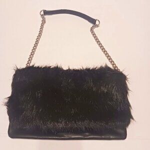 EXPRESS Foldover Black Faux Fur Shoulder Bag Clutch with Chain Strap, Used